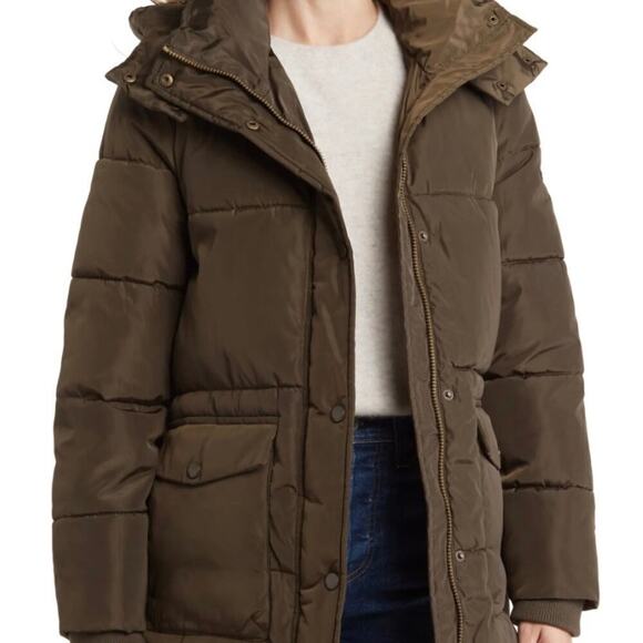 Lucky Brand Puffer Jacket Size L Parka Coat Quilted Fingertip Army Green Hooded - Picture 1 of 14